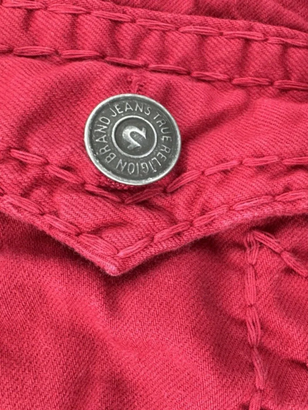 True Religion Red Jeans Mens 38x34 Ricky Relaxed Denim Thick Stitch SuperT Flap